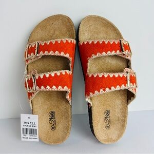 NWT Niki Slip On Sandals Women's 8 Orange Double Strap Gold Buckles Embroidered